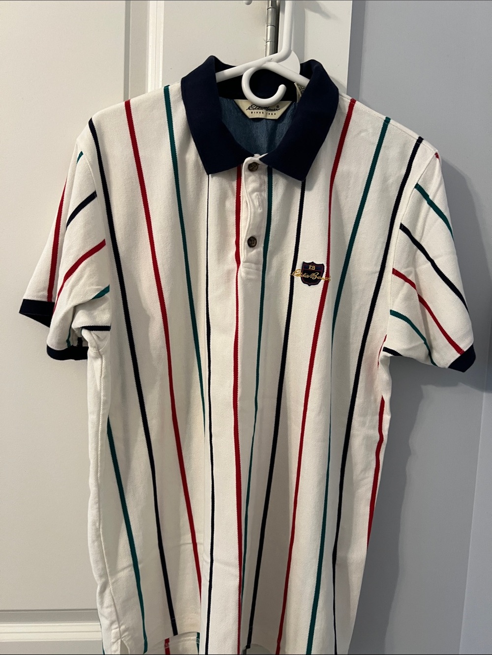 Vintage Eddie Bauer White Polo with Navy Collar and Red, Teal, and Black Stripes - Picture 3 of 8